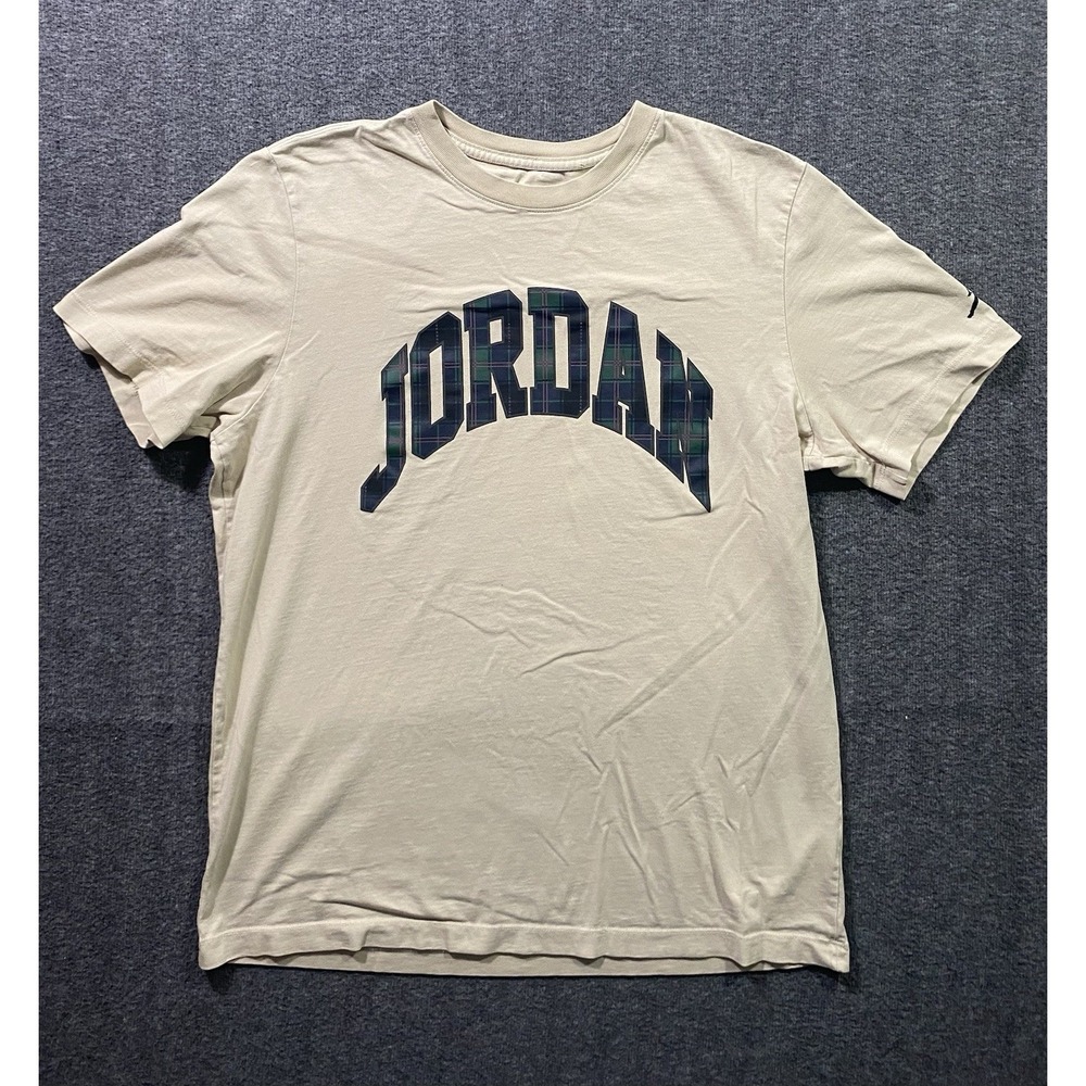 Mens Jordan T-Shirt Khaki Tan Jumpman Green Blue Plaid Spellout Size L